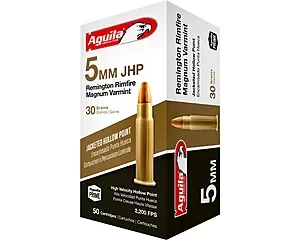 Aguila Varmint Ammunition 5mm Remington Magnum 30 Grain Jacketed Hollow Point Box of 50 For Sale